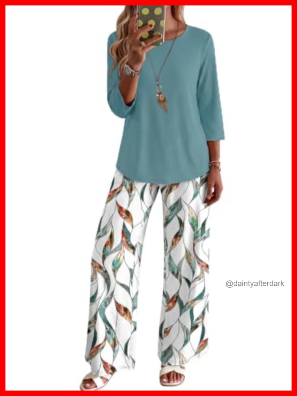 Womens Two Piece Lounge Set 3/4 Sleeve Top Printed Pants with Pockets